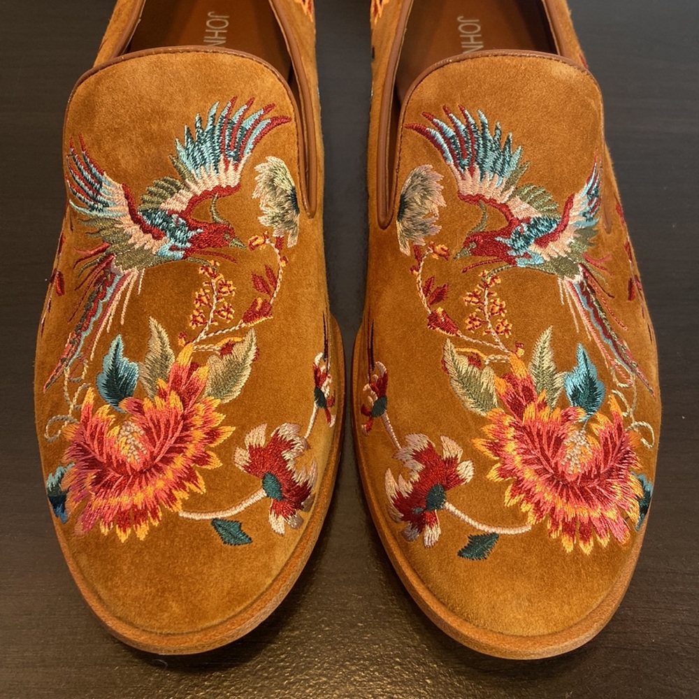 New Johnny Was Freja Embroidered Cognac Suede Leather Loafers Size 6 - Picture 6 of 16